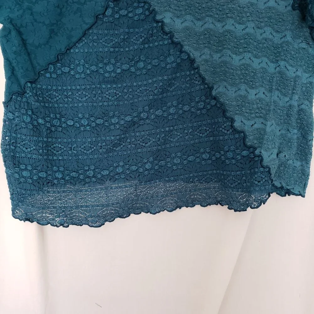 Woman Blue Teal See Through Unique Design Pattern Short Sleeve Blouse Top - Picture 6 of 10
